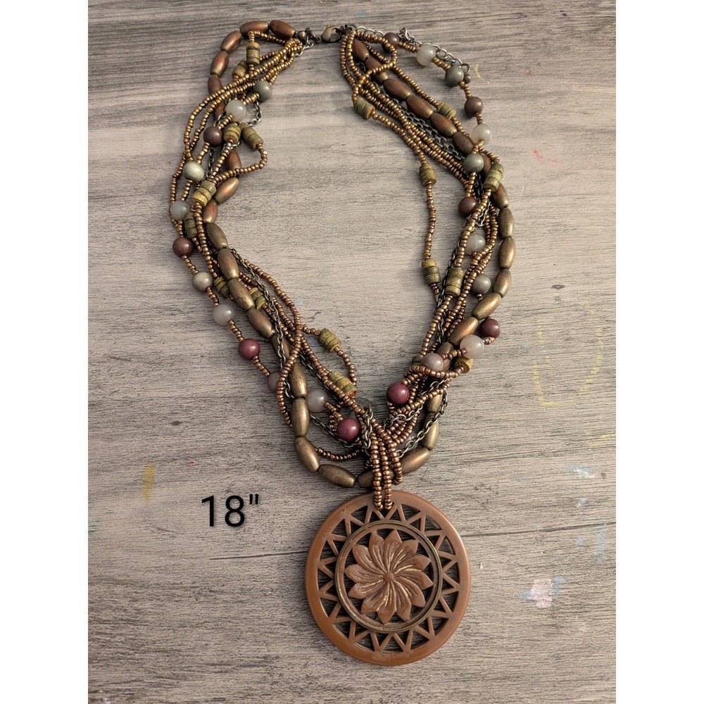 Boho Multi Strand Beaded‎ Necklace Bronze Copper Floral Mandala Pendant 18 Inch